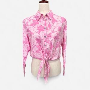 Pink and white michael kors cropped tie-waist blouse